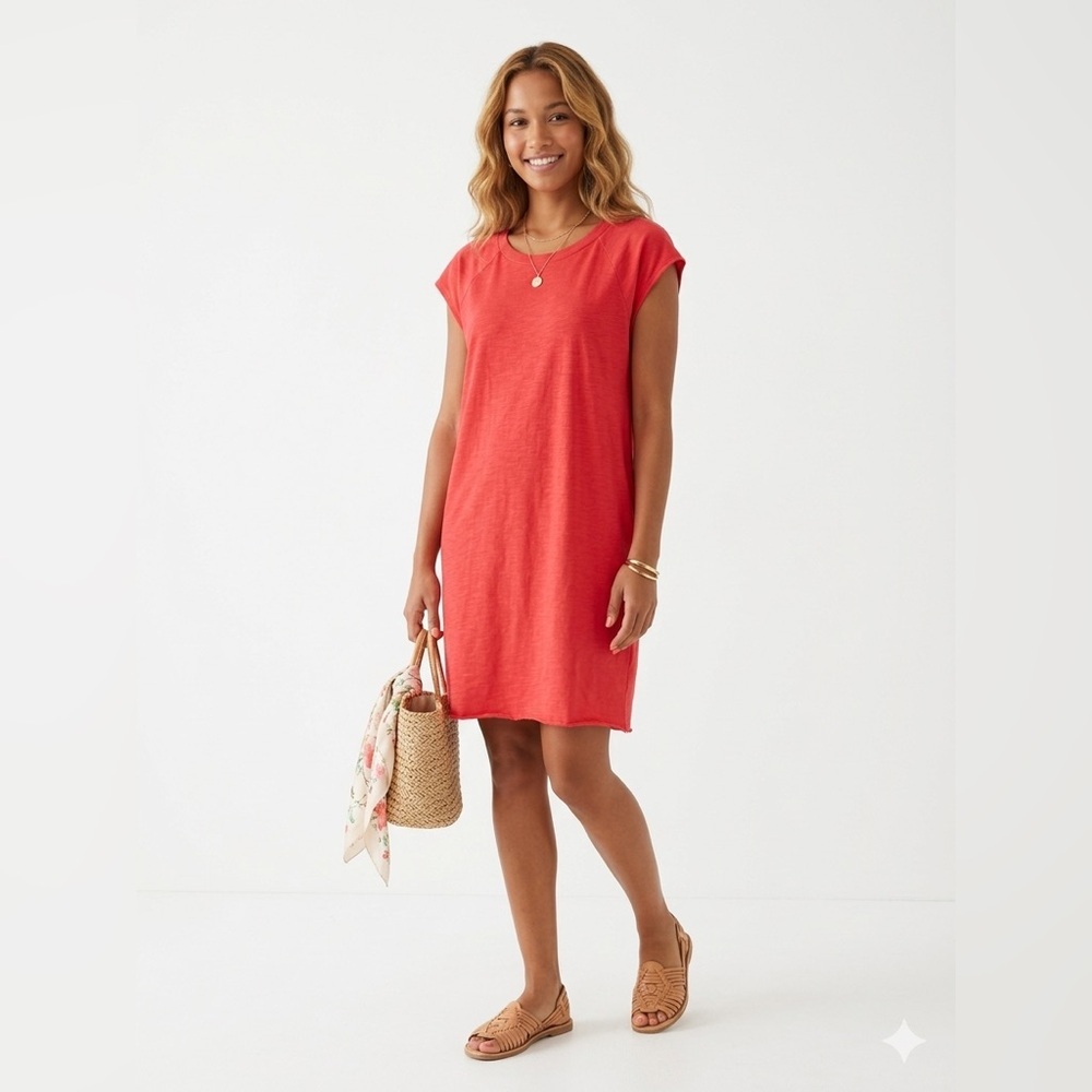 LILLA P COTTON MODAL BLEND RAGLAN SLEEVE T-SHIRT DRESS RED/CORAL SIZE M